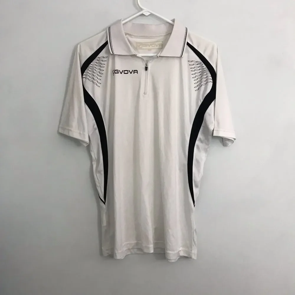 Givova Mens Sz L White Collared Zip Polo Shirt Short Sleeve White/Black